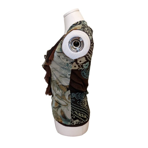 Vintage Y2K Forest Fairy Tank Top V Neck Ruffle Sheer Lace Mesh Green Brown Sz M - Picture 2 of 8